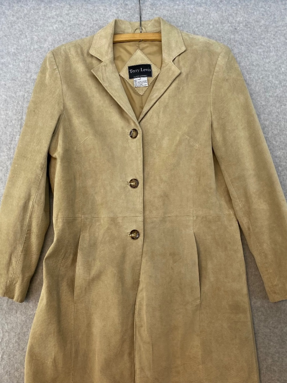 Terry Lewis Small Suede Trench Coat Tan Womens Leather Jacket Lined 3 Button